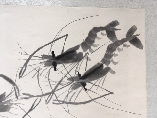 中国 掛軸 斉白石筆 紙本水墨画 海老蟹図 中国 掛軸 斉白石筆 紙本