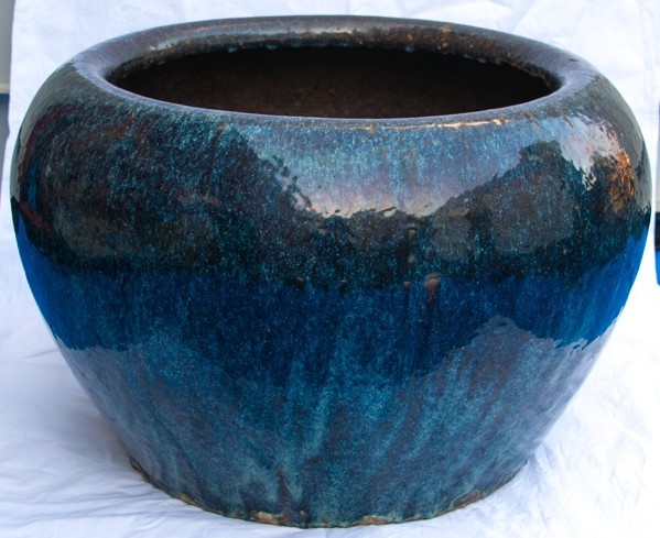 葛明祥 造 火鉢 海鼠釉 三德付き 灰付き 中国古玩 高さ30x幅49x奥行49