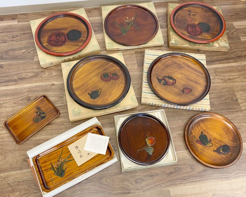 讃岐盆 超美品 木製彫刻模様入り 正方形 お盆 トレー5枚セット 讃岐