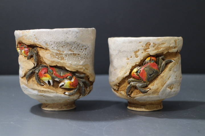 水月焼 竹本輝夫作 天神蟹夫婦湯呑 一対 共箱 ☆竹本輝夫