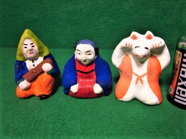 今戸焼 三すくみ 狐拳 キツネ 猟師 庄屋 土人形 置物 民芸品