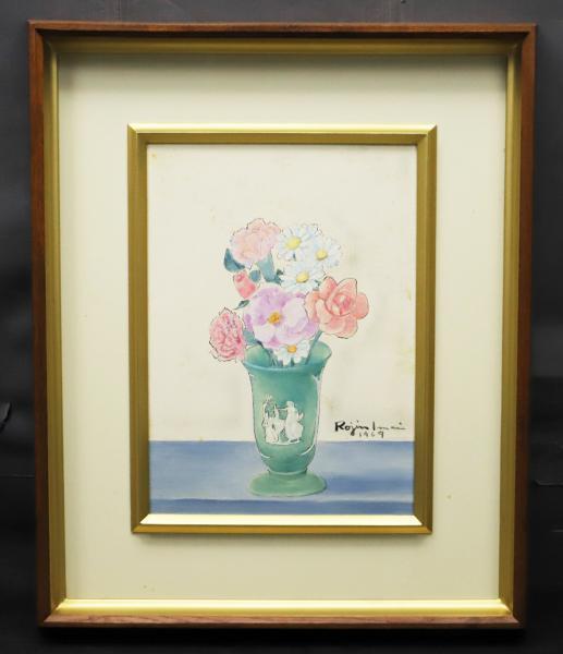 真作】今井ロジン 油絵 「バラ」 サイン有 裏書有（2） S.M へ8 真作