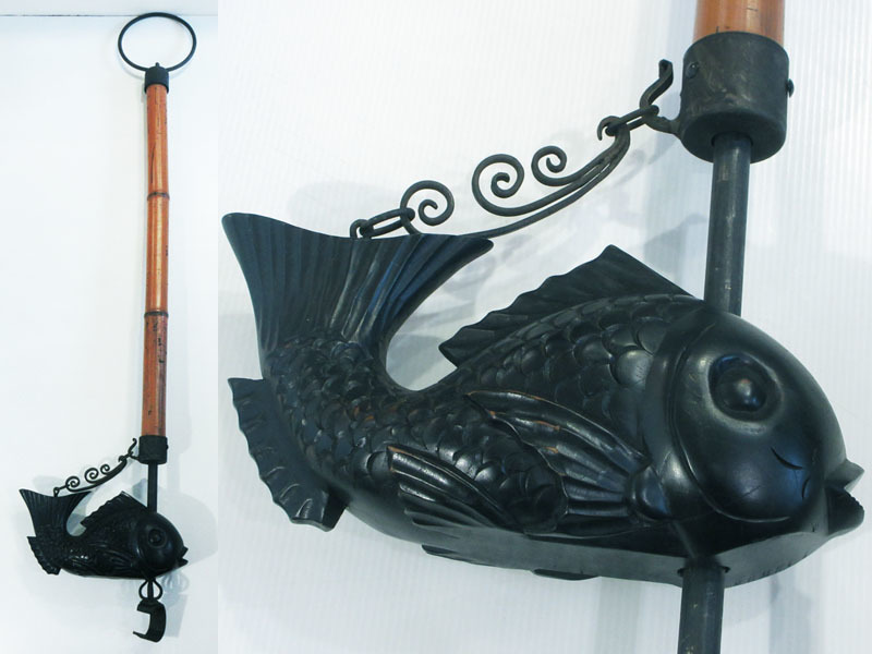 日本伝統工芸品 木彫り自在鉤囲炉裏用具 鯛型 金属鉤 古民具 インテリア