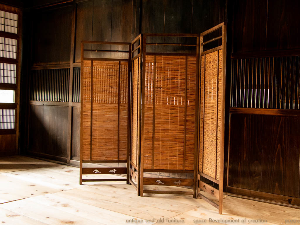 ビンテージ竹簾屏風すだれ衝立透かし彫りパーテーション間仕切り古道具