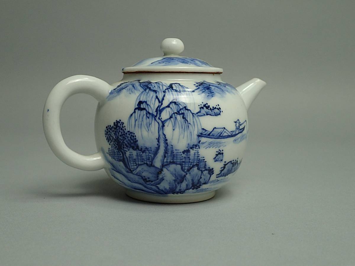 平安春峰造」染付 煎茶器揃え 宝瓶急須、煎茶碗五客