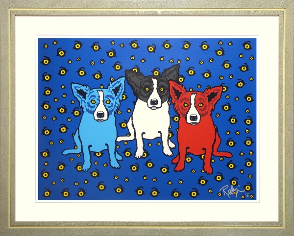 ジョージ・ロドリーゲ「ブルードッグ」額縁入り 幸運の青い犬 可愛い