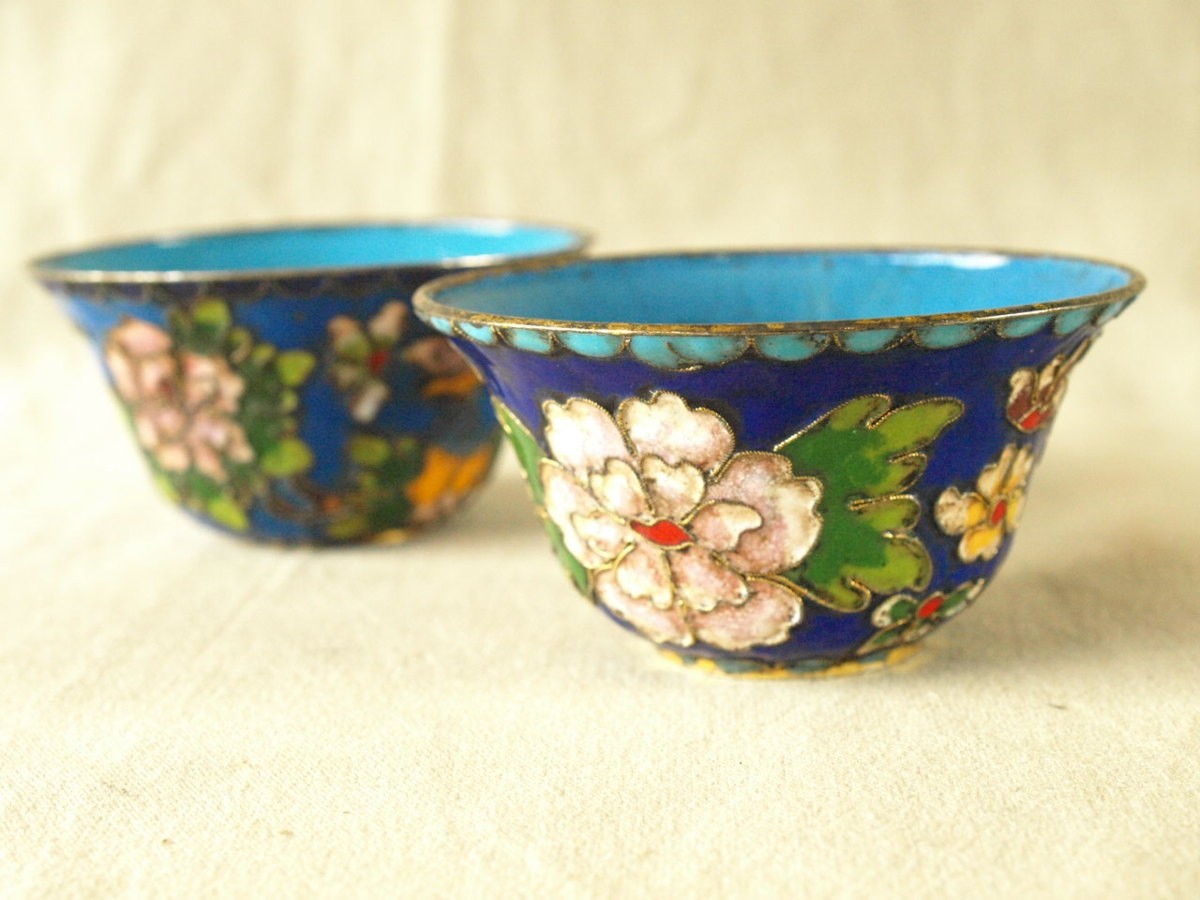 清朝末期 中華民国時代 中国七宝 七宝焼 ガラス工芸 お猪口 中国古美術