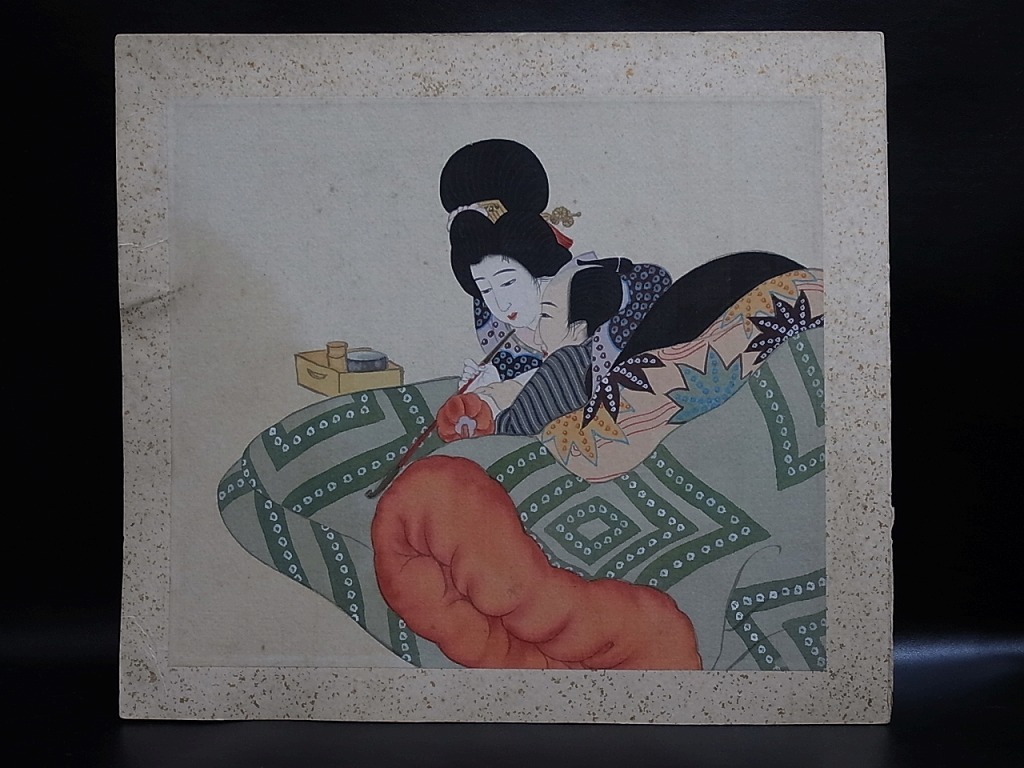 春画。絹織物絵巻 恋の十二景 春画 巻物 12図 絵巻 絹本 肉筆 彩色 枕