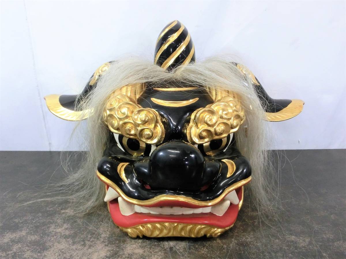 獅子頭 雌型 木製 木彫り 時代物 アンティーク 置物 縁起物 獅子頭 雄