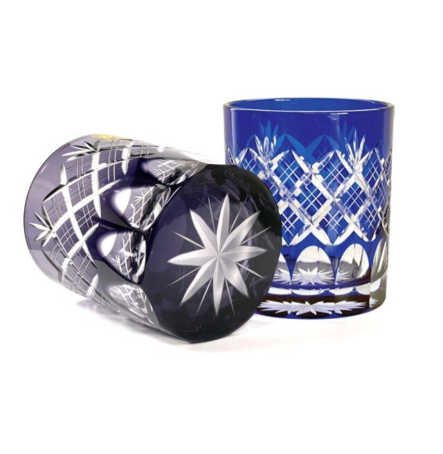 名入れなし】江戸切子 重ね矢来文様 菊底 青紫ペア 木箱 ロックグラス