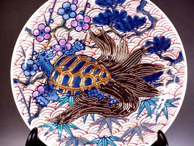 有田焼 陶芸家 藤井錦彩作】有田焼美術品 染錦金・プラチナ彩松竹梅亀