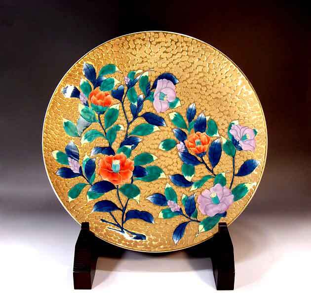 有田焼 陶芸家 藤井錦彩作】有田焼美術品 染錦黄金椿絵飾り大皿 文字