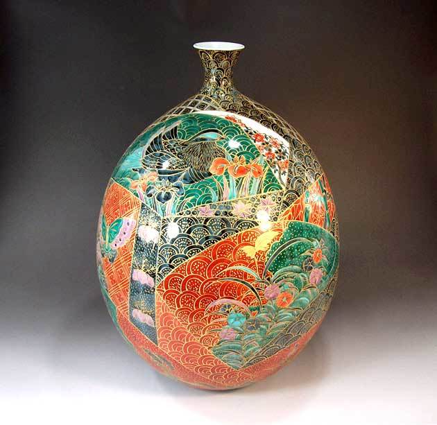 有田焼 陶芸家 藤井錦彩作】有田焼美術品 金彩青海波花鳥絵飾り花瓶