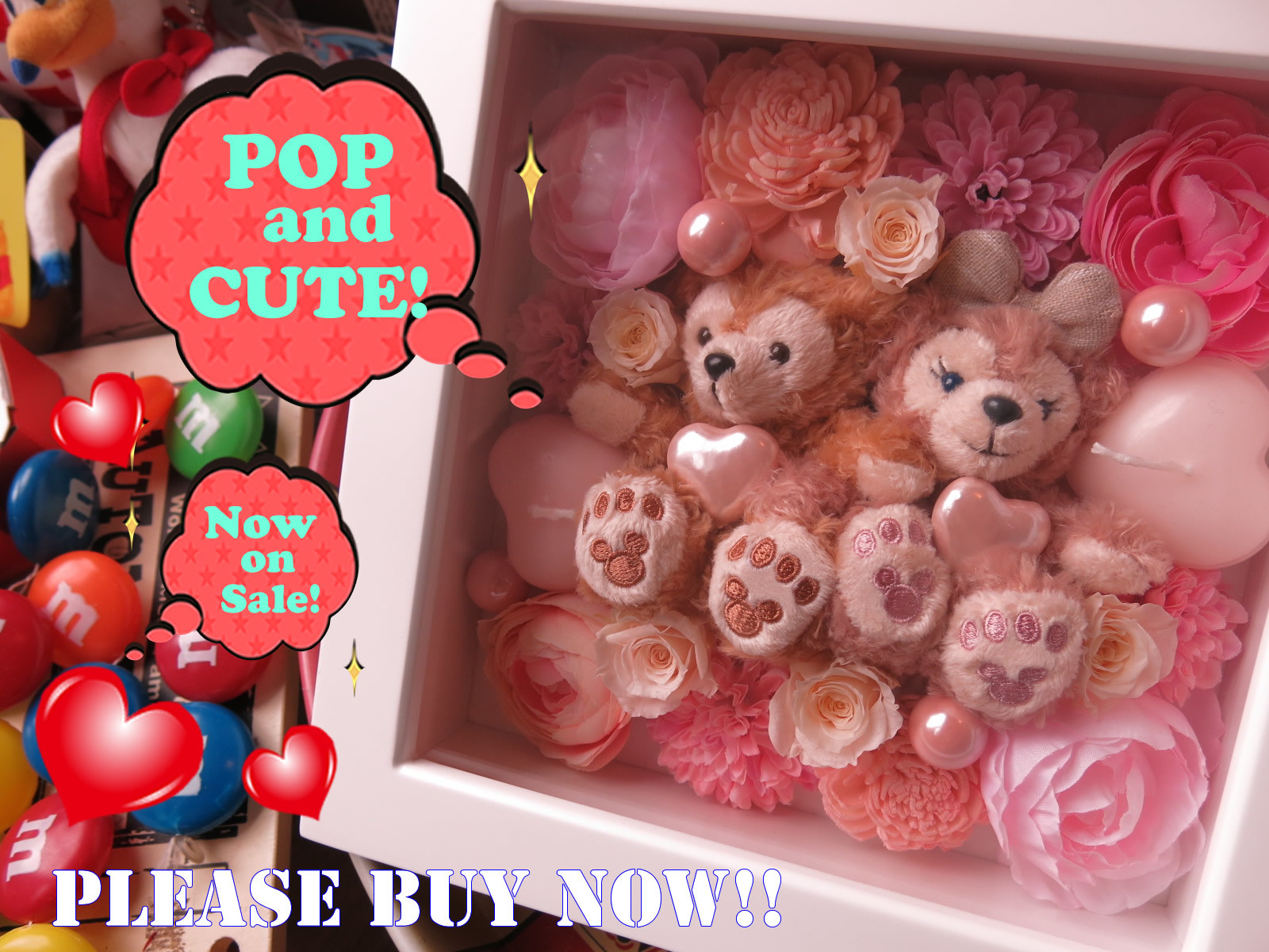 ダッフィー ぬいぐるみ 花 プリザーブドフラワー入り ピンク系 壁掛け