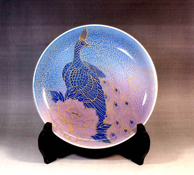 有田焼 陶芸家 藤井錦彩作】有田焼美術品 染錦金彩釉裏紅孔雀牡丹絵