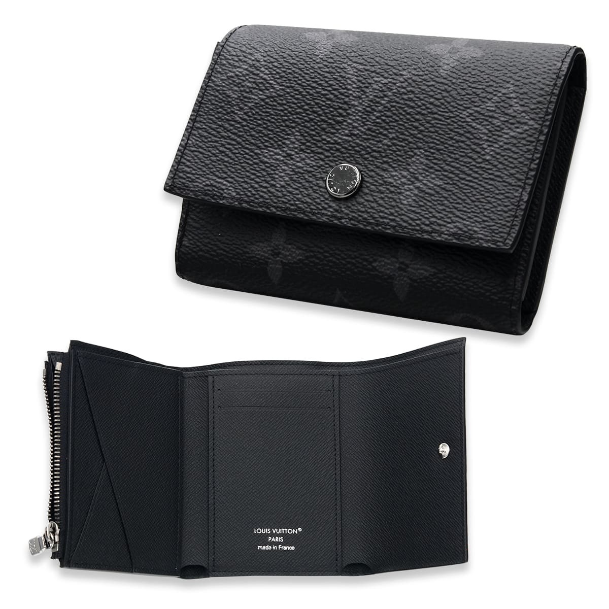 Louis Vuittonブラックレザー 三つ折り財布 注文 ルイヴィトン 財布