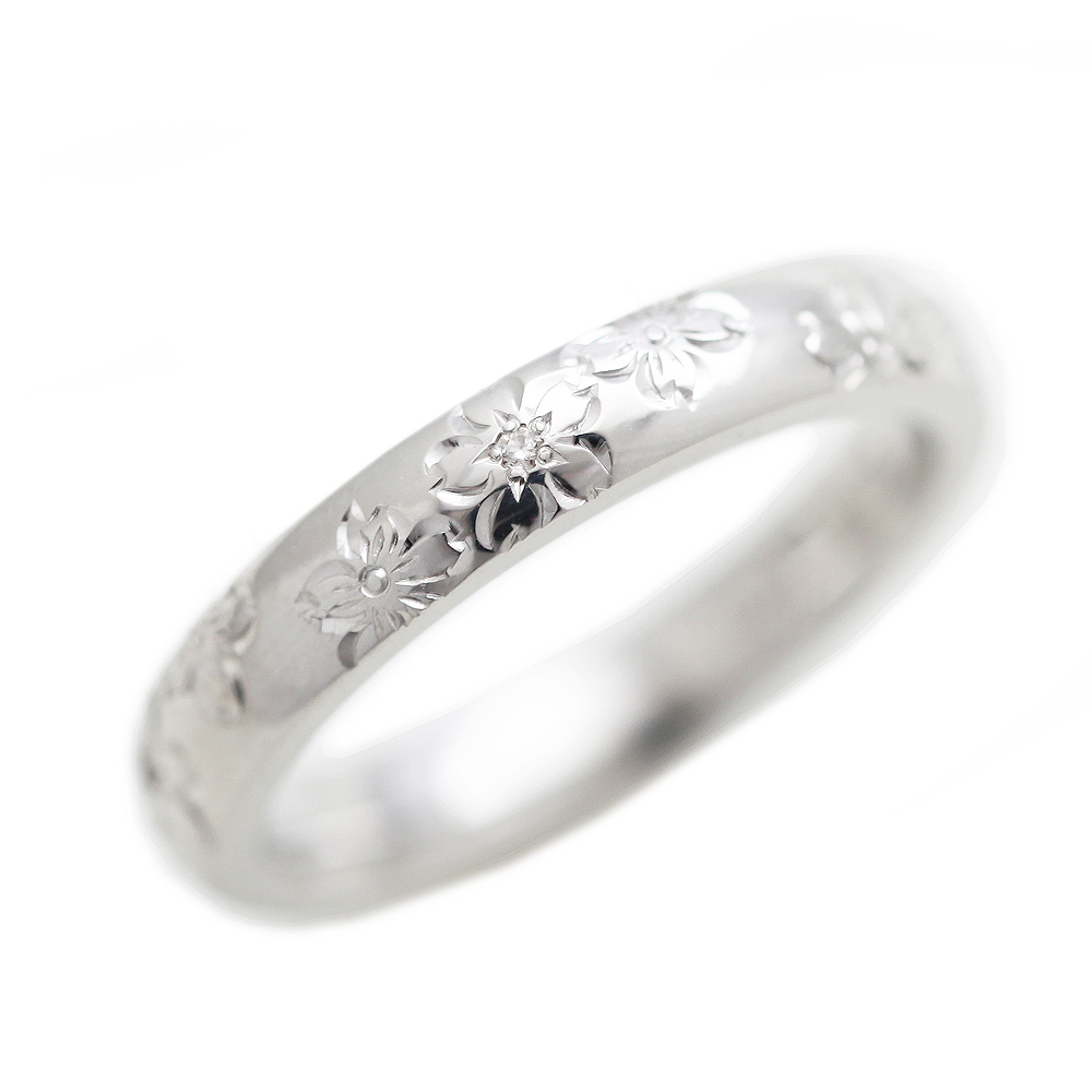 名入れ 刻印 指輪 桜 彫刻 プラチナ PT100 (pt10％) ダイヤ 0.03ct