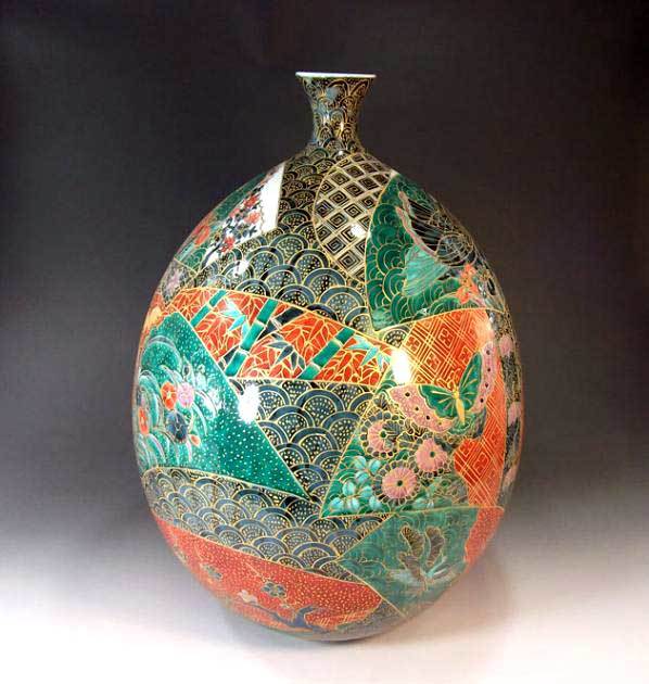 有田焼 陶芸家 藤井錦彩作】有田焼美術品 金彩青海波花鳥絵飾り花瓶