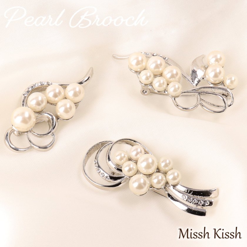ブローチ フォーマル パール 大小パールとラインストーンが輝く