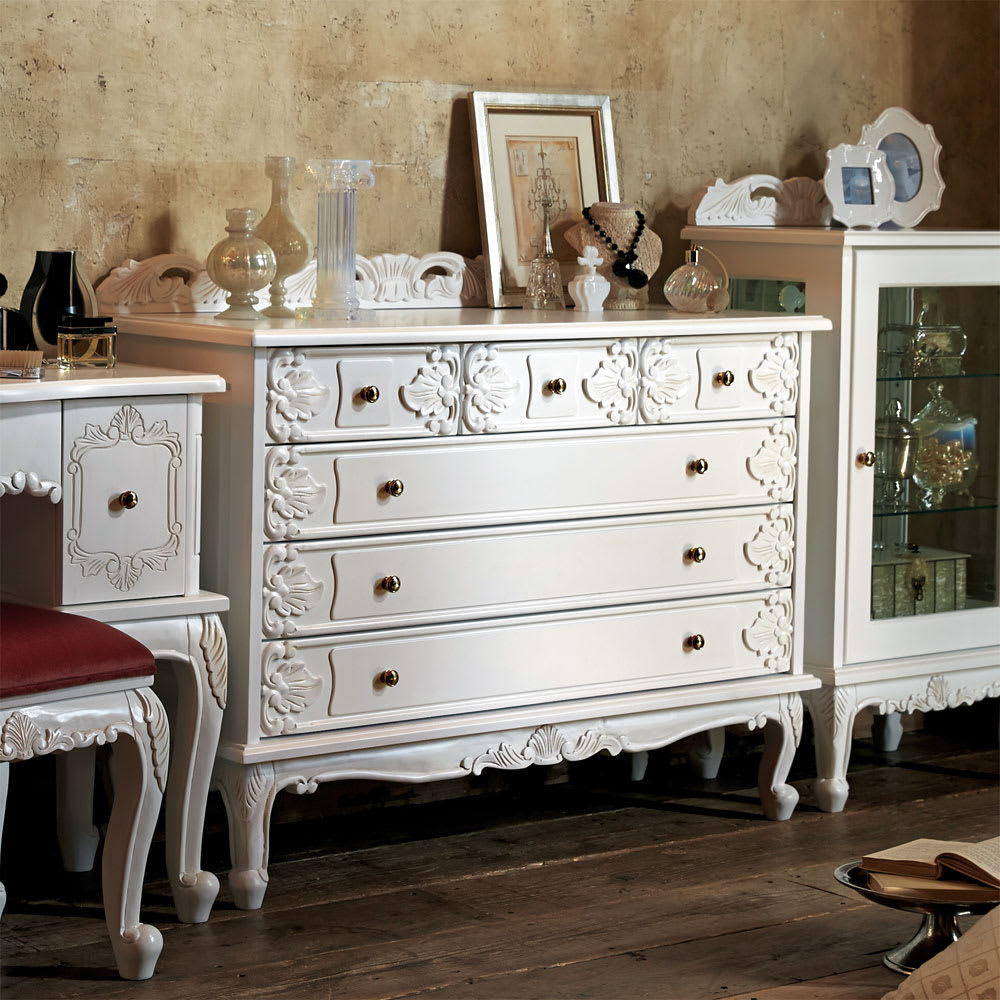 アンティーク 猫足 チェスト クリーム色の木製キャビネット 3段