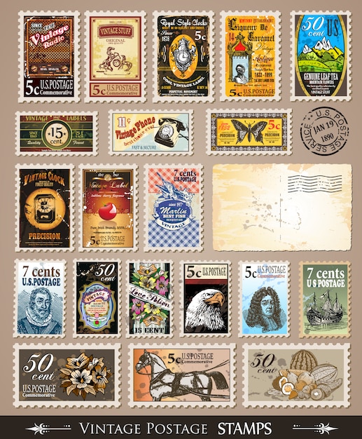 Collection of vintage postage stamps | Premium Vector