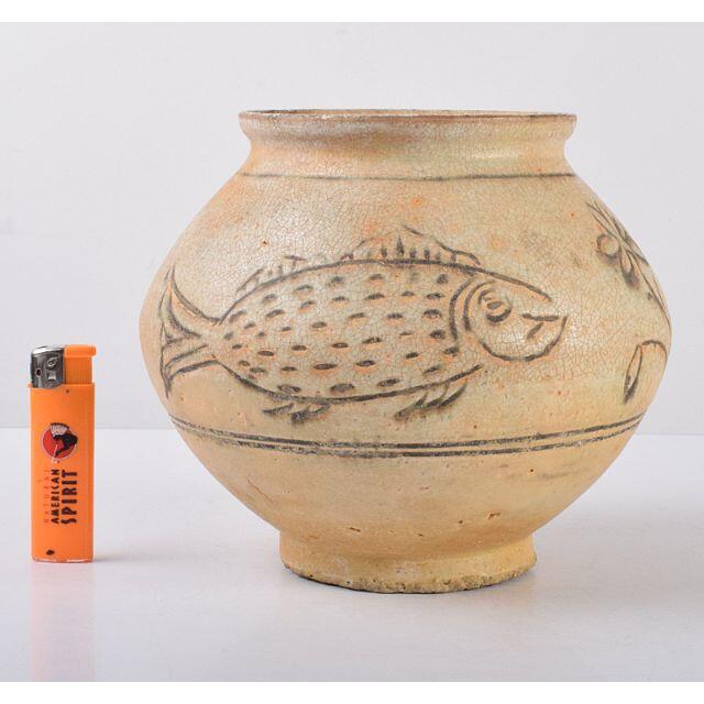 タイ古陶磁 スンコロク 宋胡録 最新 魚文 壷 時代箱付 C R3574C タイ古