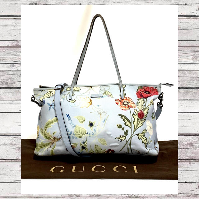 グッチ トートバッグ 花柄 蝶柄 ナイロン 水色 ライトブルー