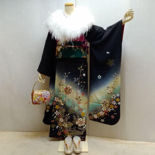 振袖 正絹 京友禅 お仕立て上がり 黒地古典花文様柄 lf071