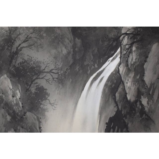 吉井春堂/滝山水図/横物/水墨山水図/掛軸☆宝船☆Z-