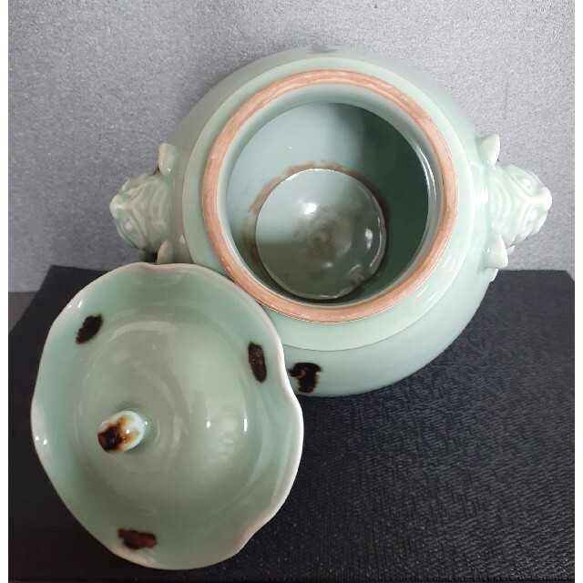 中国古美術中国古陶磁器古玩中華民国期頃【飛び青磁】蓋付水指蓋物酒会壺