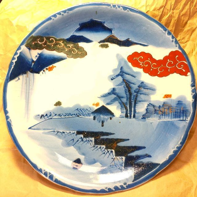 風景画と花模様の茶碗アンティーク古い大皿飾り皿約39センチ