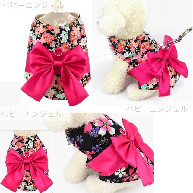 着物和風大きなリボン付ハーネスリードセット猫服ドッグウェアわんこ服犬服