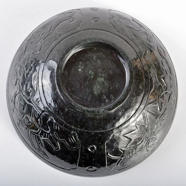 中国 玉石彫刻 花刻 鉢 唐木台付 V R5378 中国 玉石彫刻 花刻