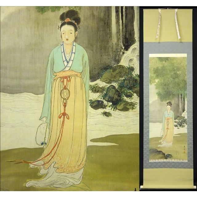 中国古美術 明代 仇英款 仕女人物画 掛軸 絹布 唐物 水彩画 名家書画