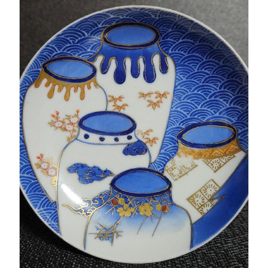 藍鍋島流水鷺図変形皿、5枚。