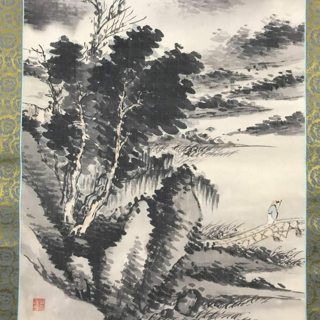 真作橋本雅邦⁄山水人物図⁄秋景山水図⁄掛軸⁄名家伝来⁄AA-233