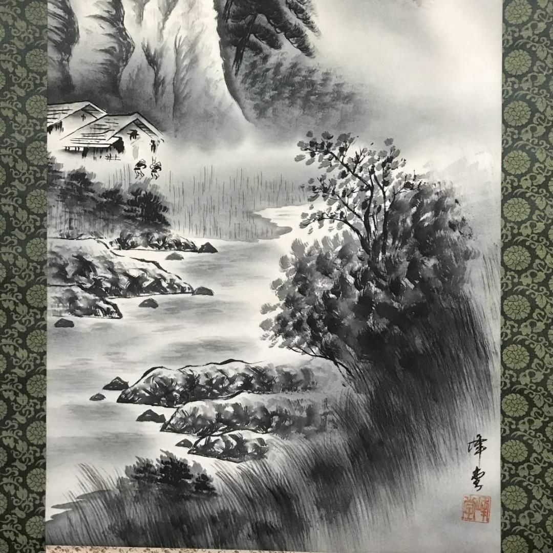 真作】南山/松花堂/塔山水画賛/横物/掛軸/名家伝来/AA-266 真