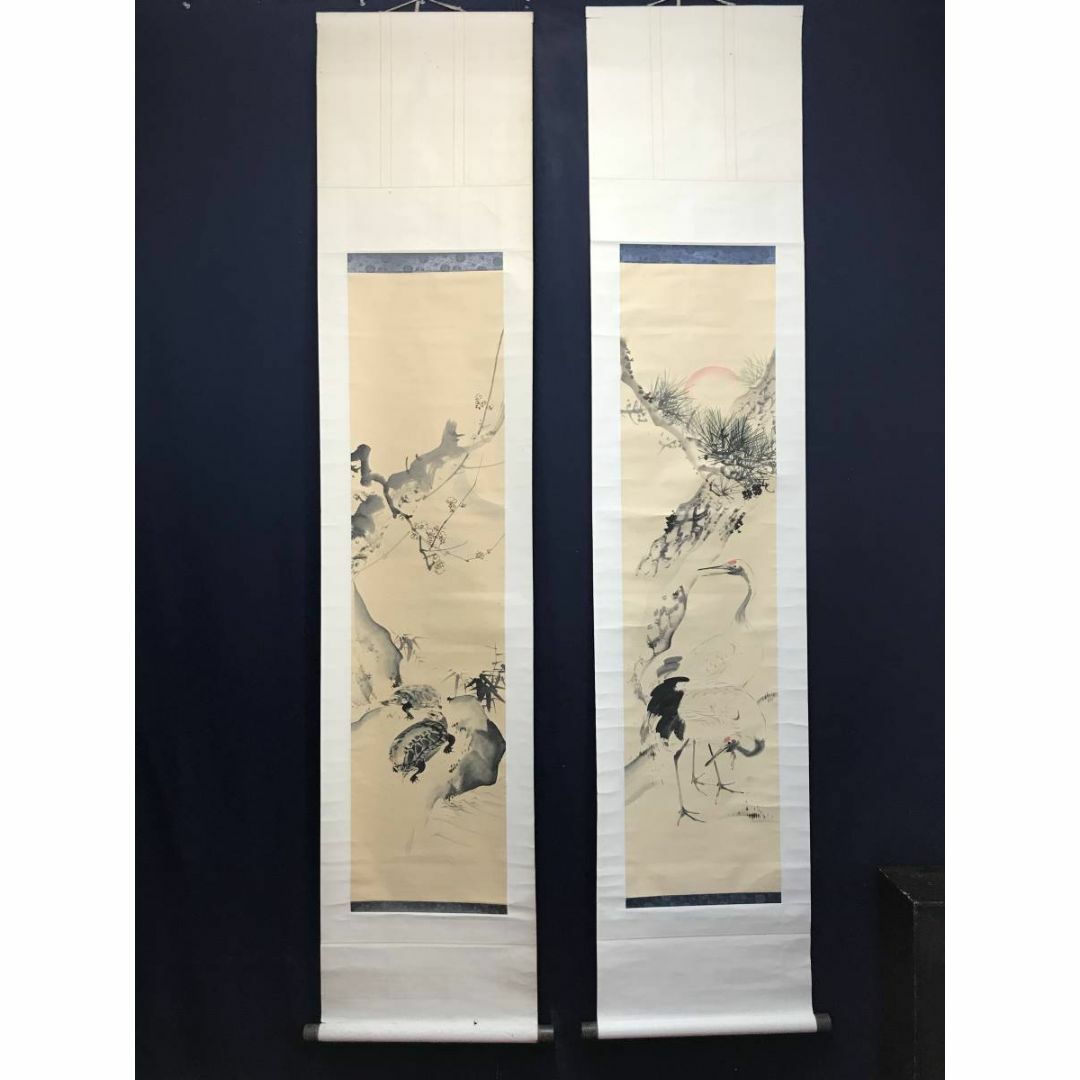 真作】大寛/初竹梅鶴亀図/双幅/対幅/掛軸☆宝船☆W-334 JM