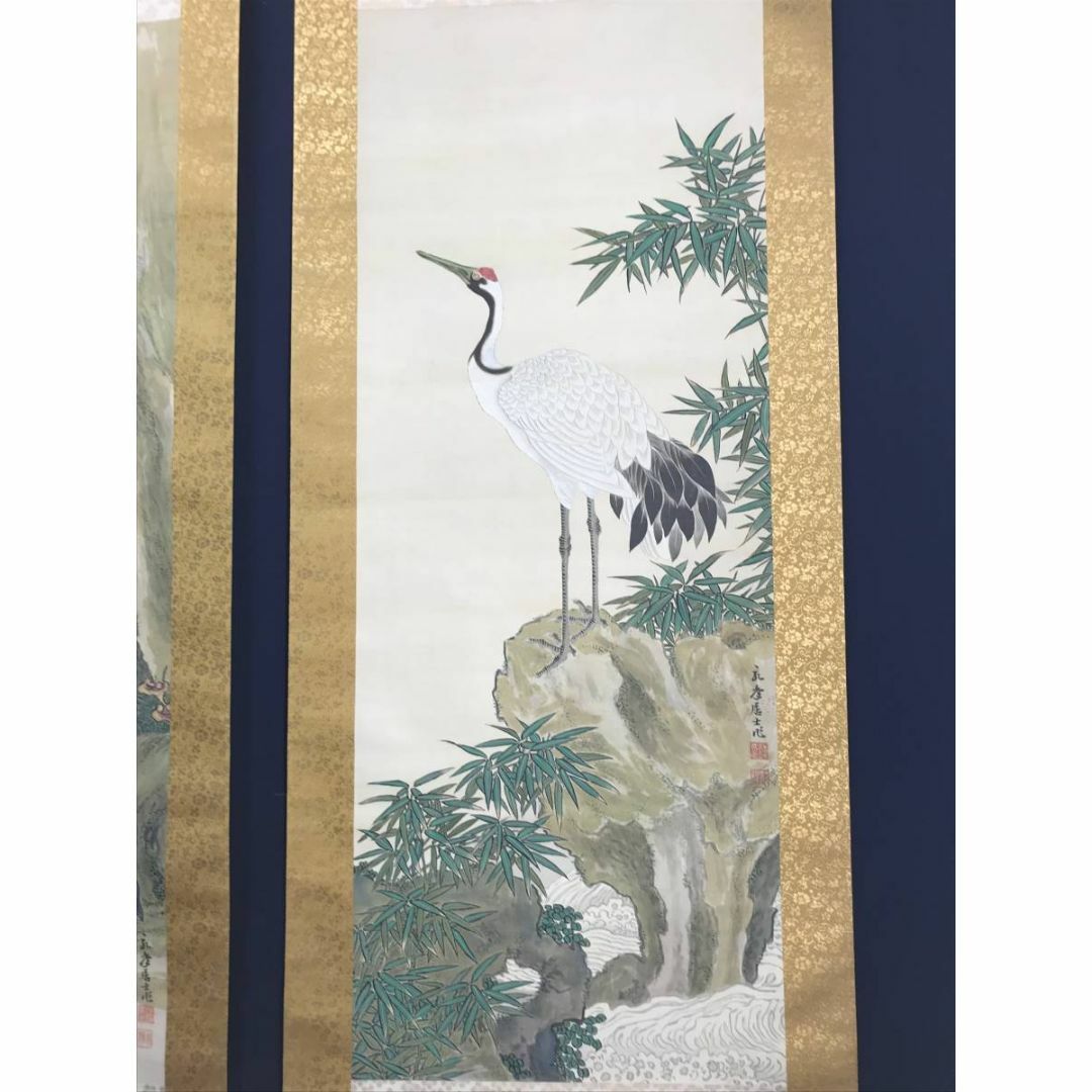 真作】永年/寿老人竹鶴図/人物図/花鳥図/三幅対/掛軸/名家伝来/AC-787