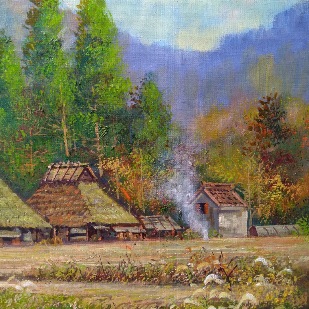 肉質油絵 横 F12 晩秋民家 竹内敏彦 額装仕上げ品 肉質油絵 横 F12 晩秋