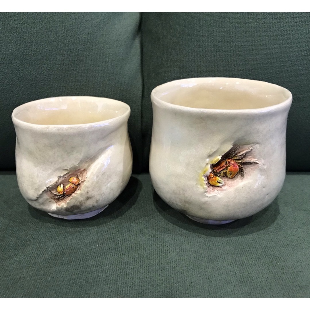 楽山焼 水月焼 蓋付き夫婦湯呑 天神蟹精密彫り 楽山焼 蟹 夫婦湯呑 蓋
