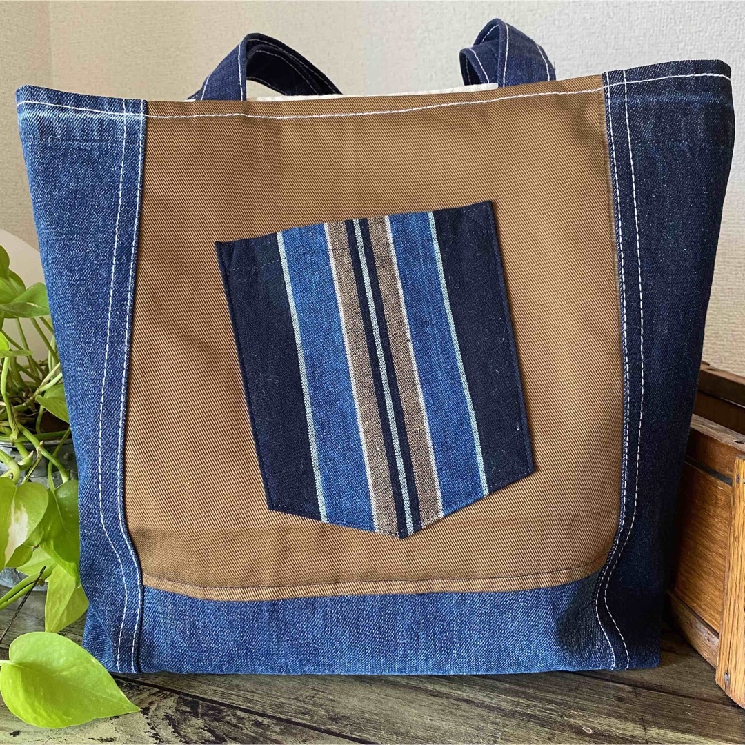 ハンドメイド デニム リメイク トートバッグ 襤褸 藍染 古布 刺し子 ね