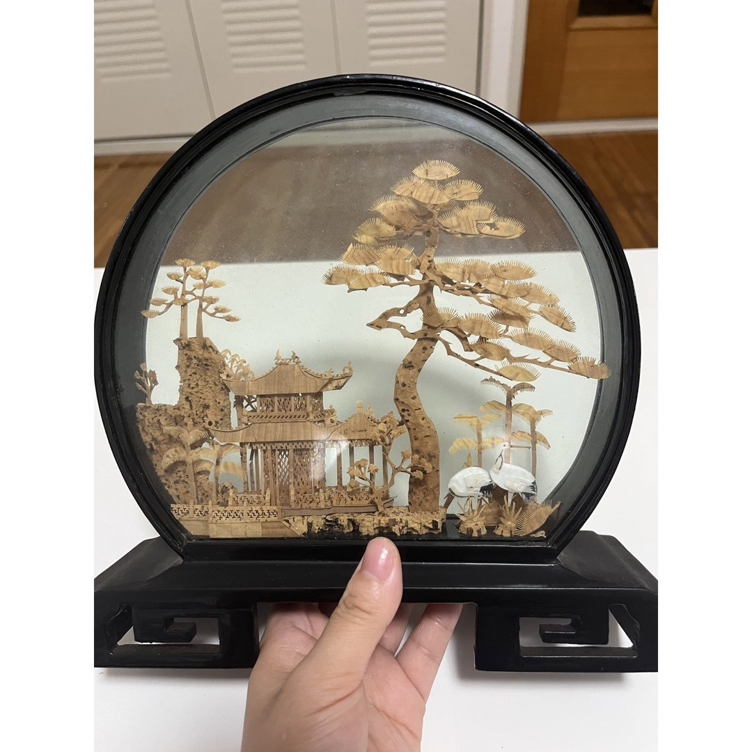 中国 工芸品 コルク 彫刻 置物 楼閣鶴 中国美術 オブジェ 飾り コルク