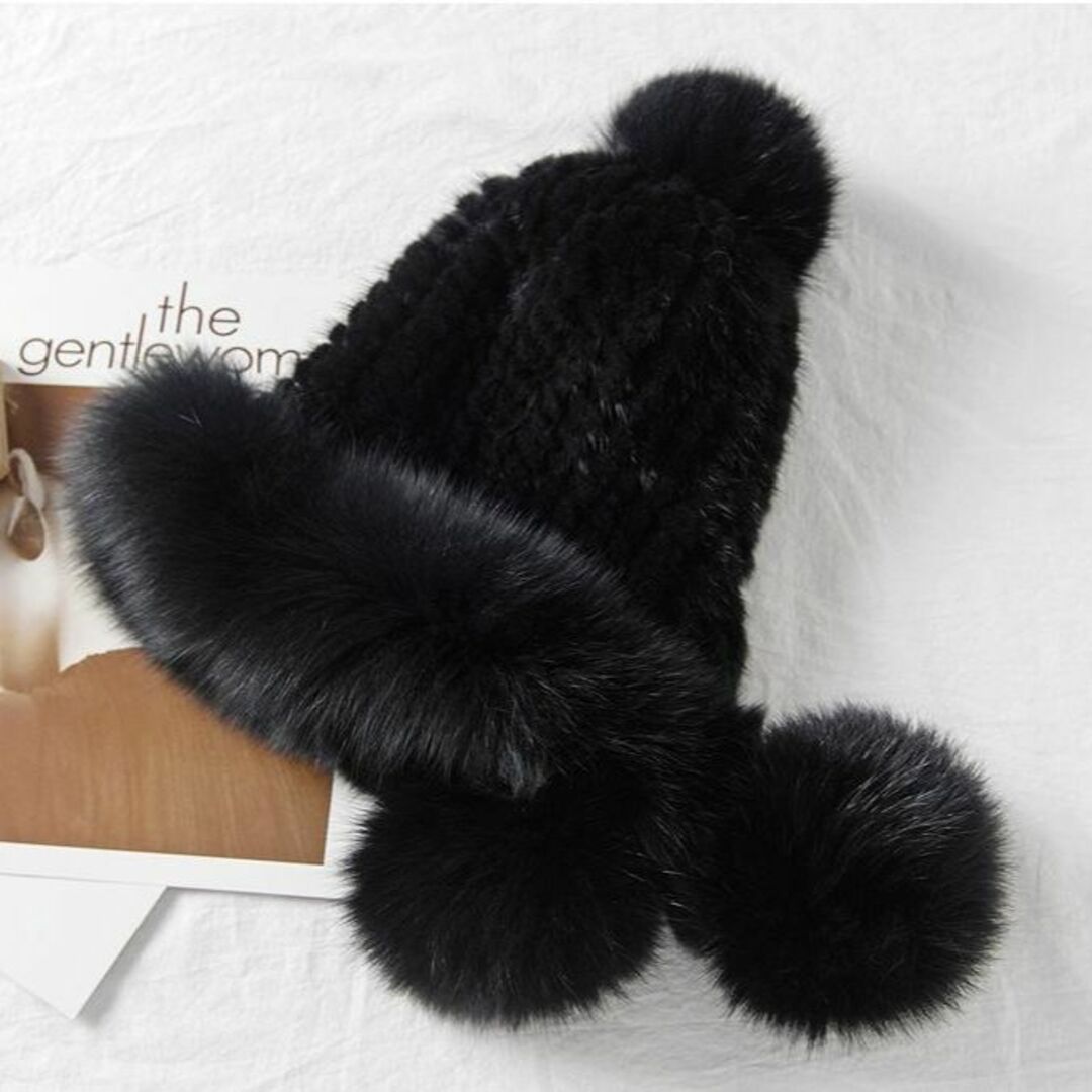 新品限定◇フォックスとミンク編みこみ帽子 ◇ポンポン付き/黒◇毛皮