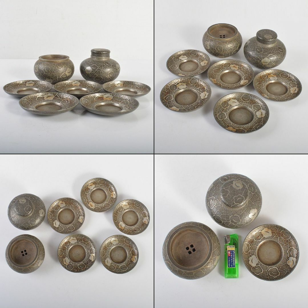 本錫 継山造 花文 茶壷 茶こぼし 茶托五客 合計約1027g D R6699 本錫