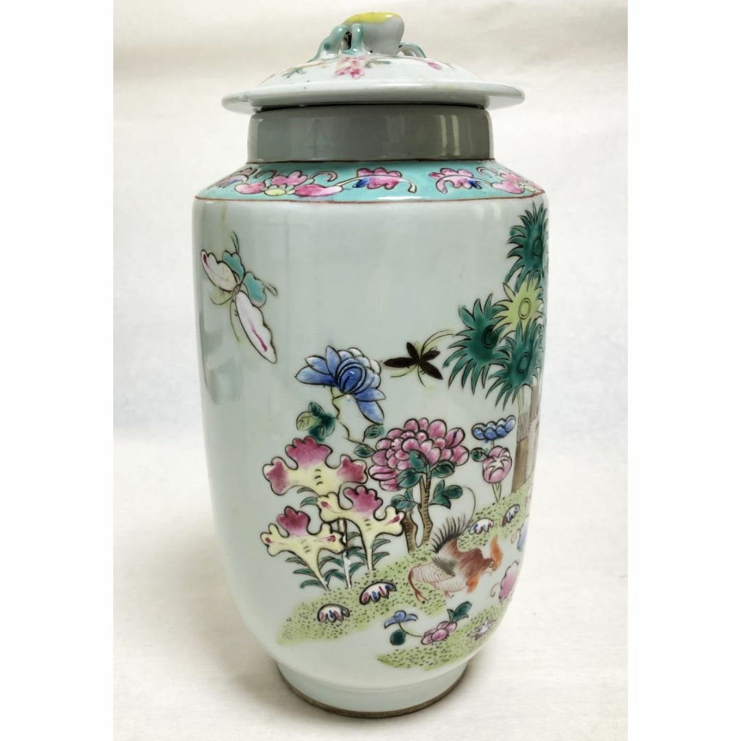 民国 色絵染付 鶏花蝶図色絵蓋物 伝世品焼物 無傷完