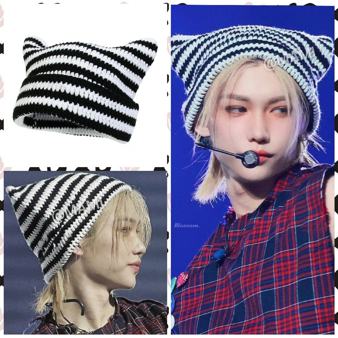 Stray Kids - 💛猫耳 ニット帽 /白黒ストライプ💛straykids Felix HYDE