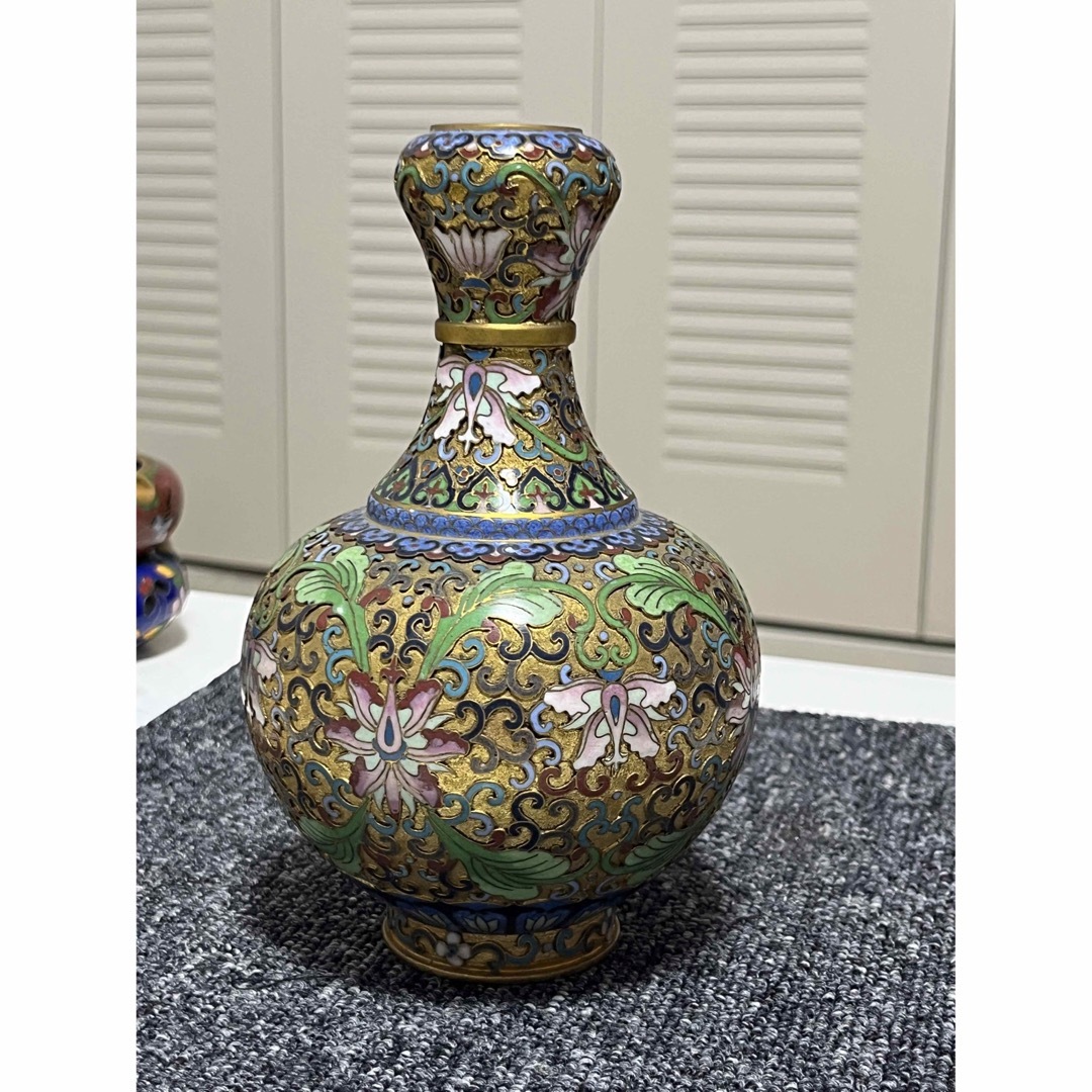 民国時期の最上級 七宝焼牡丹花紋瓶 琺瑯彩花瓶 清末七宝焼き 銅製