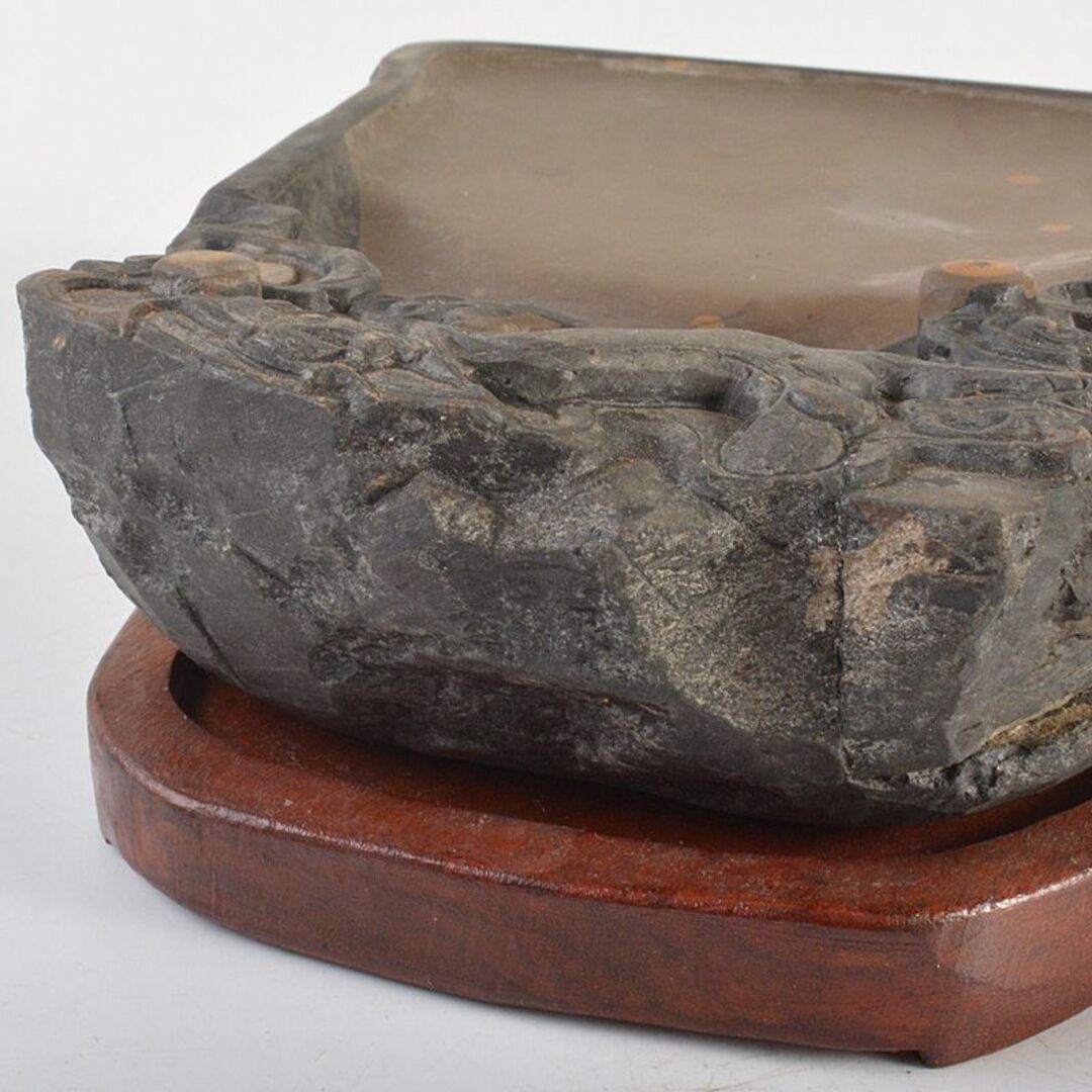 中国 端硯 水石硯 如意雲彫 詩紋刻 重さ約1.2kg 送料込み260106 中国
