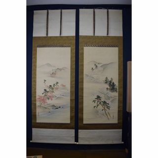 真作】吉村了斎/孝文/春秋之図/桜花紅葉図/双幅/掛軸☆宝船☆Y-707JM